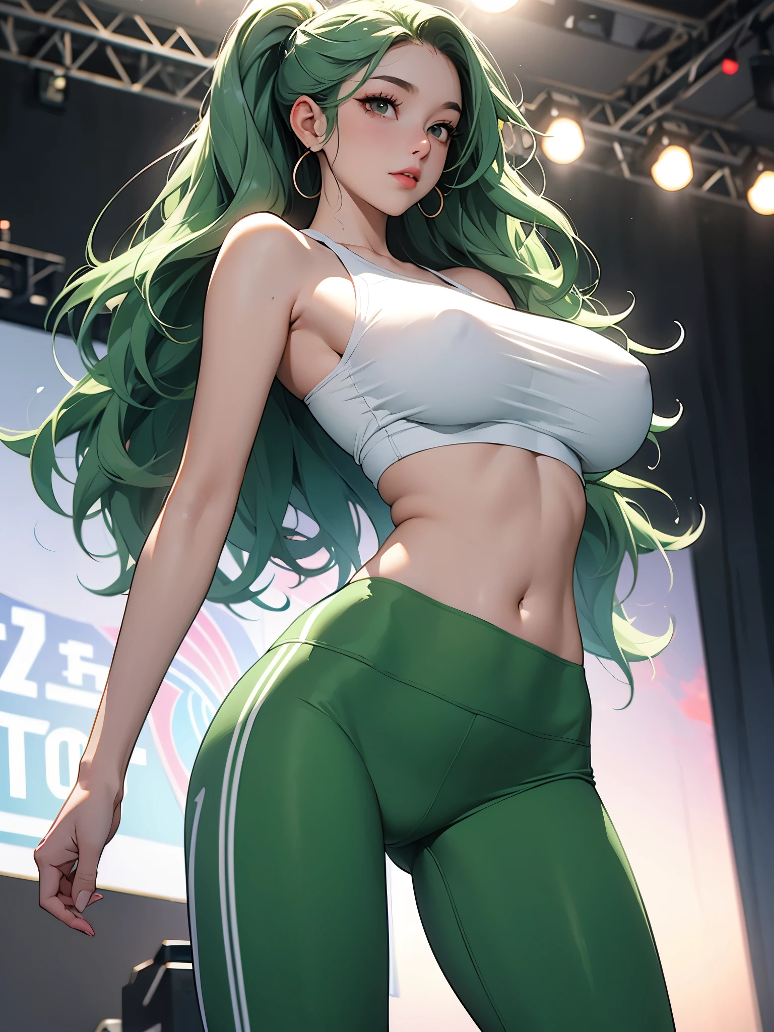 A fit young woman in her 20s. wearing a white sports bra and green yoga pants. She has long, wavy green hair flowing down. 
}no background. on the stage. 카메라를 바라본다
huge boobs,she is walking .