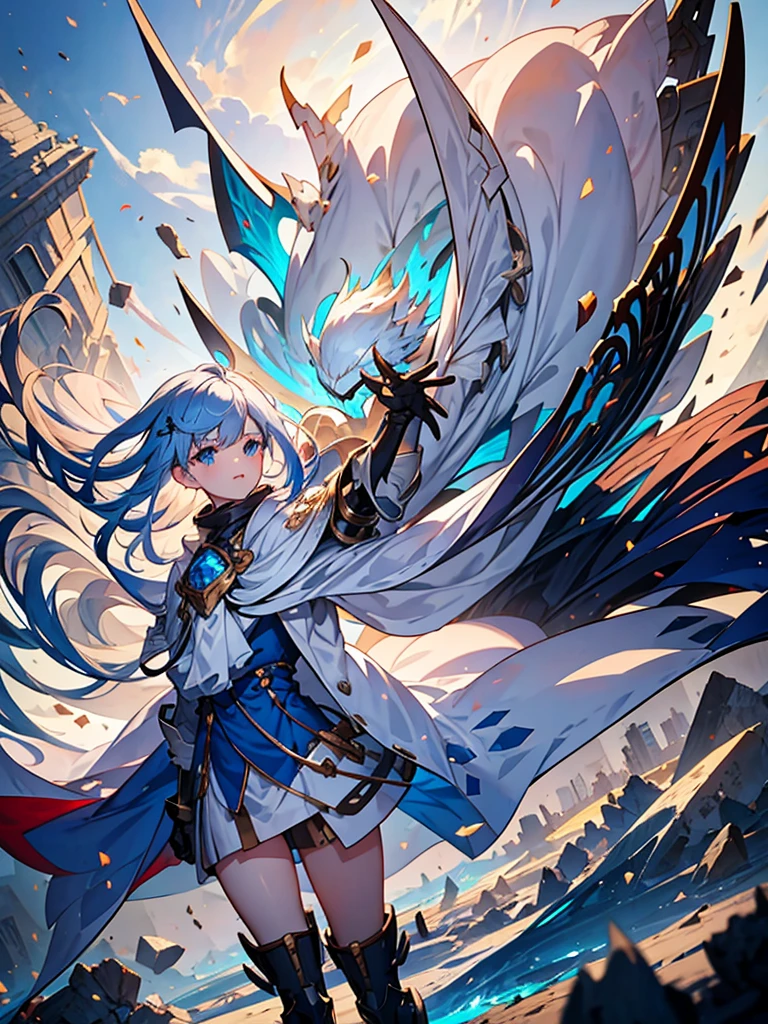 White jacket,Medium Hair, Blue and white hair,blue eyes,mechanized hand++, Unusually huge gauntlet++,　whole body、Empty City, A town above the clouds, Sky City