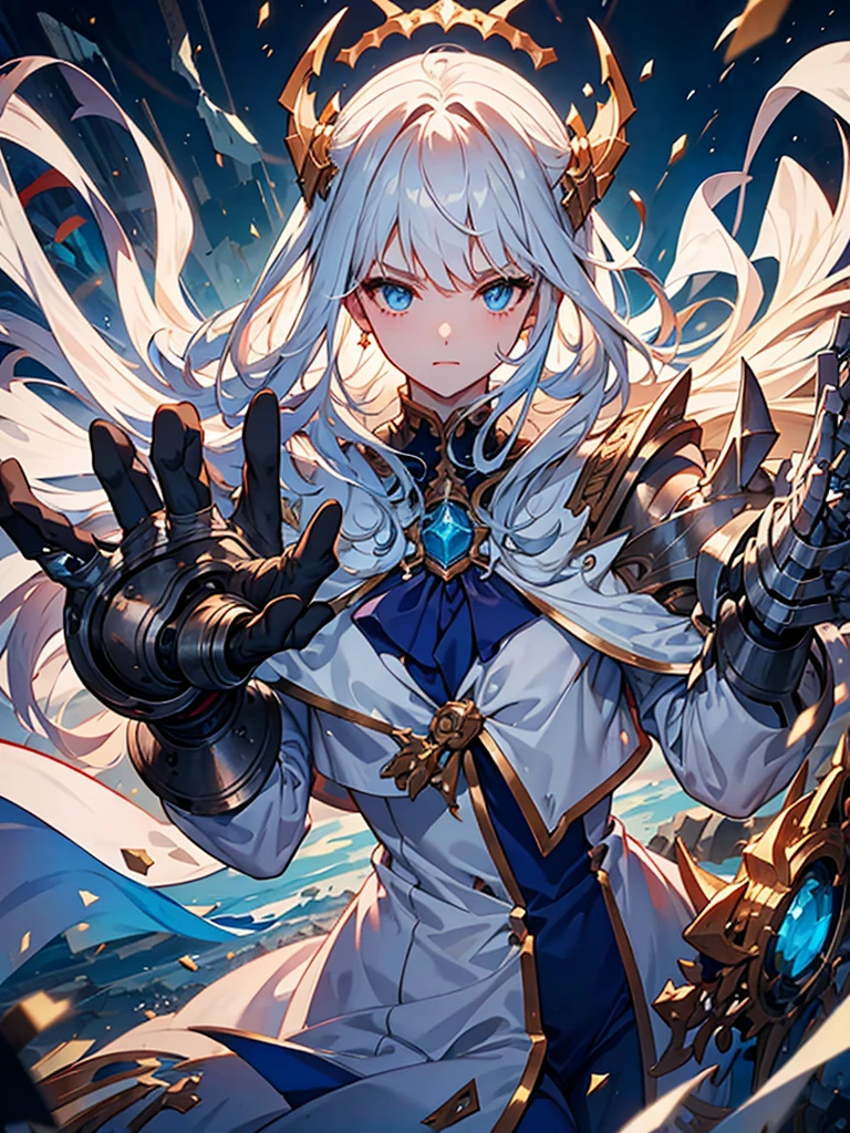 White jacket,Medium Hair, Blue and white hair,blue eyes,mechanized hand++, Unusually huge gauntlet++,　whole body、Empty City, A town above the clouds, Sky City