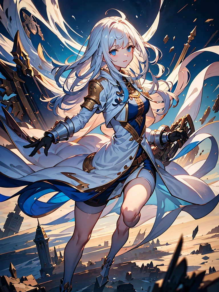 White jacket,Medium Hair, Blue and white hair,blue eyes,mechanized hand++, Unusually huge gauntlet++,　whole body、Empty City, A town above the clouds, Sky City