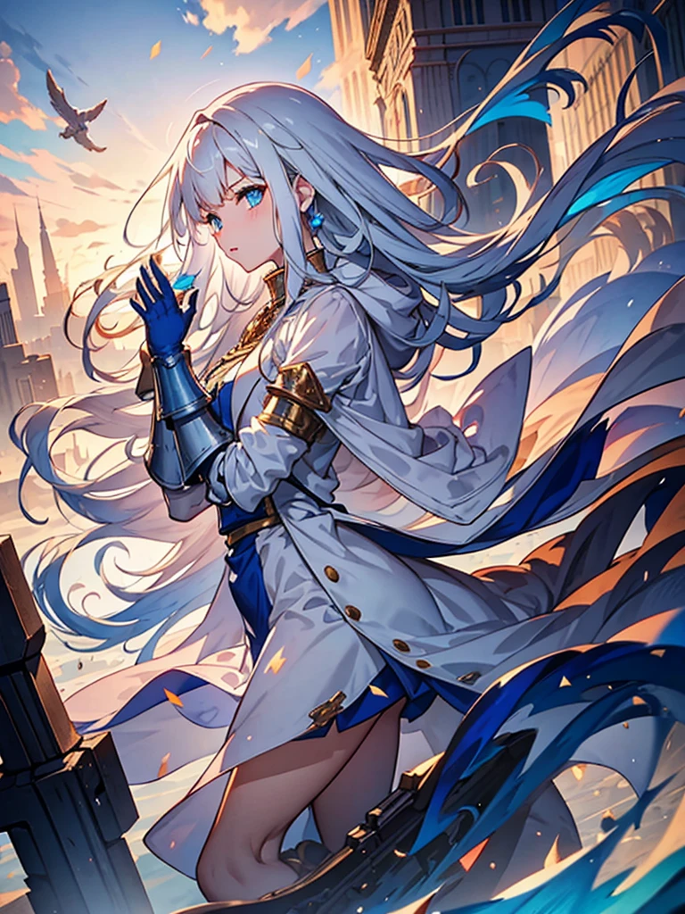 White jacket,Medium Hair, Blue and white hair,blue eyes,mechanized hand++, Unusually huge gauntlet++,　whole body、Empty City, A town above the clouds, Sky City