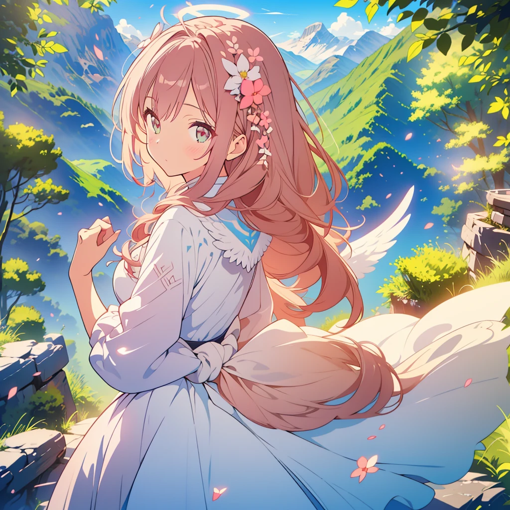 kawaii, anime, Cute, hyper quality, highly detailed, 8k, Clarity, Draw facial expressions in detail, A young angel girl with short light pink hair and scarlet eyes., Girl with long dark brown hair and green eyes, highlight on eyes, high mountains of switzerland, angel girl comes down to earth, angel wings on the back, edelweiss, encounter, Edelweiss is in full bloom, petals dance, a halo shines, two people face each other, whole body, look up, pure white edelweiss flower, エーデルワイスの花