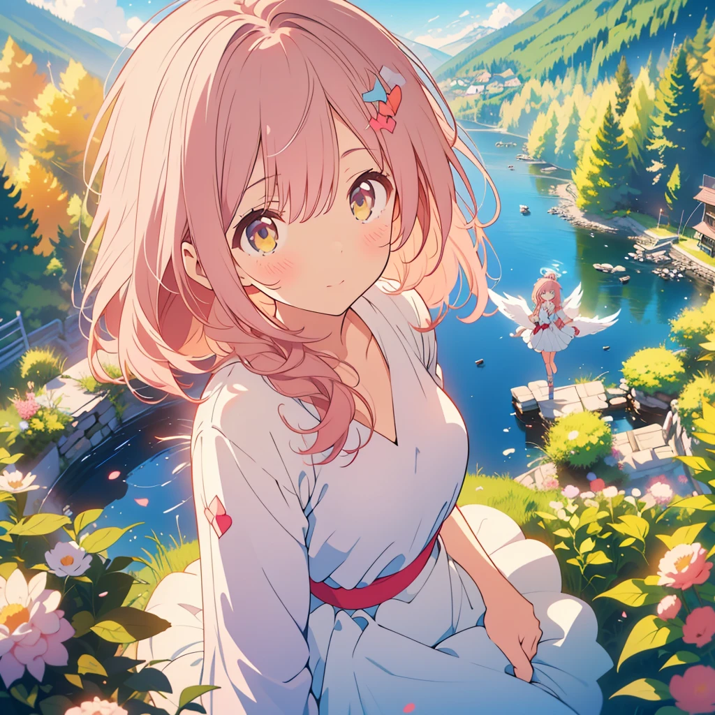 kawaii, anime, Cute, hyper quality, highly detailed, 8k, Clarity, Draw facial expressions in detail, A young angel girl with short light pink hair and scarlet eyes., Girl with long dark brown hair and green eyes, highlight on eyes, high mountains of switzerland, angel girl comes down to earth, angel wings on the back, edelweiss, encounter, Edelweiss is in full bloom, petals dance, a halo shines, two people face each other, whole body, look up, pure white edelweiss flower, エーデルワイスの花