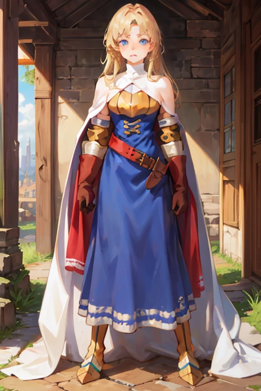 (masterpiece, best quality), 1girl, KnightFFT, long hair, blonde hair, blue eyes, cape, armor, blue dress, belt, gloves, boots