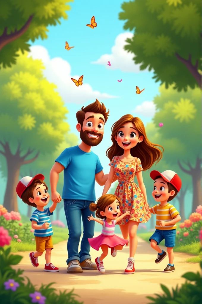 Cartoon Full Family: dad, mother, 2 sons, 1 daughter, 1 baby 