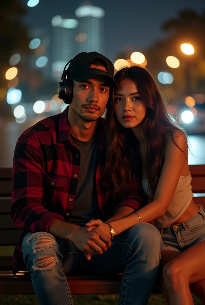 Hyper realistic, a 28 year old Indonesia man sitting on the bench park, ideal body, look straight ahead, wearing dark red flannel shirt and dark ripped jeans pants and black hiking hi-shoes with black backward trucker hat, wear dark leather backpack, wear headphone, masculine photoshoot pose, arrogant man expression, together with his 23yo sexy beautiful girlfriend with long hair and dressed summer clothes, romantic, happy shy, Bandung night town as background. Use soft photography lighting. top lighting. top lighting, slide lighting, high quality photos, UHD, 64k. shot with Canon EOS 5D Mark IV, cinematic portrait, Realistic face, not changing face, no mustache, Real photo, unchanging face, background change. Real Picture 8k ultra, man, gamer, hyper detailed, sharp focus, studio photo, intricate details, highly detailed, photo real, bright colors, digital graphics, unreal engine, blender art, perfect composition, octane rendering, masterpiece, sharp focus, high detail, art station, concept art, perfect composition, a model of ultra-high quality and clarity, perfect play of light and shadow, 32k UHD, hyper-detailing, complex artistic masterpiece, ((best quality)), ((masterpiece)), (detailed), perfect face