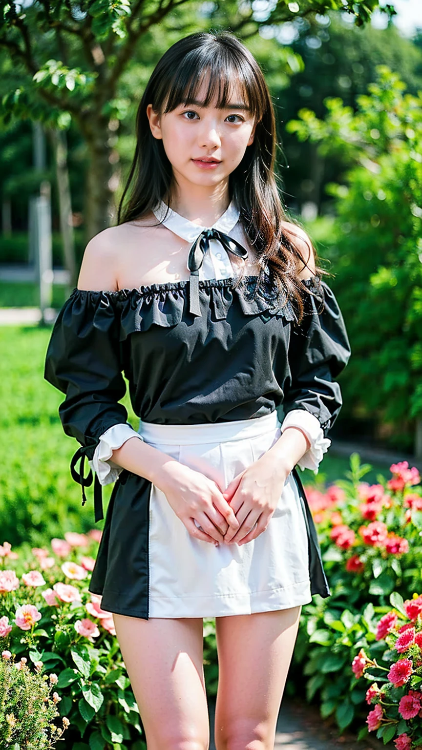 (8k、RAW Photos、Highest quality、masterpiece:1.2)、(Realistic、Realistic)、1 person、((White and black miniskirt、blouse、See-through、Frills、Shoulder visible、garden、Breast enlargement、boots、ribbon、Thin legs、whole body、View from the front、Looking into the camera、Stand with hands on hips))、cute