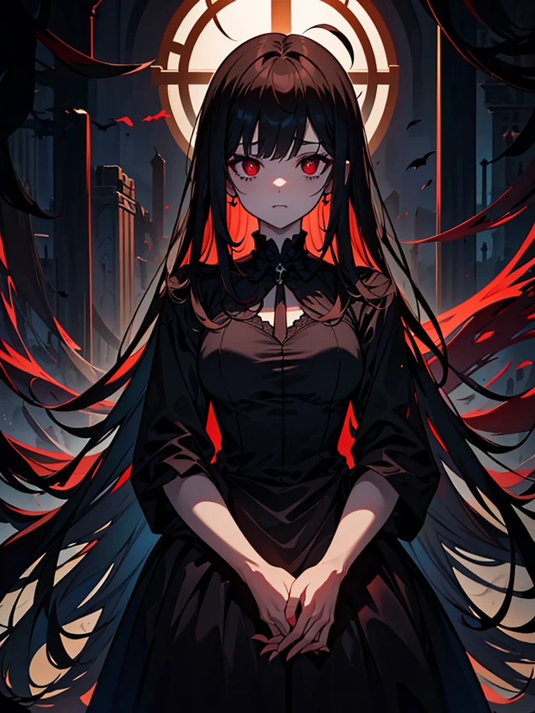 Black maid outfit, whole body, Long black hair,Red eyes,In the spotlight,(It generates high-quality female works with a dark and insane horror movie-like world view centered on black. She has a creepy and attractive physique、whole body黒のファッションスタイルを着ています. The background is a dark and desolate landscape, An atmosphere like a horror movie setting. Her figure is terrifyingly beautiful, Emphasizing dark and insane elements. Light and shadow effects are skillfully expressed, detailed, The face and expression in the black attire are meticulously drawn, Artistic elements add depth to the work. The overall atmosphere exudes an eerie and nightmarish worldview, With a unique artistic touch. This movie is、It depicts the dark and insane world of a horror movie in high quality, Evoke visual stimuli and aesthetic sense, It will give viewers fear and excitement. It produces a work that blends the dark and insane worldview of a horror movie with artistic elements