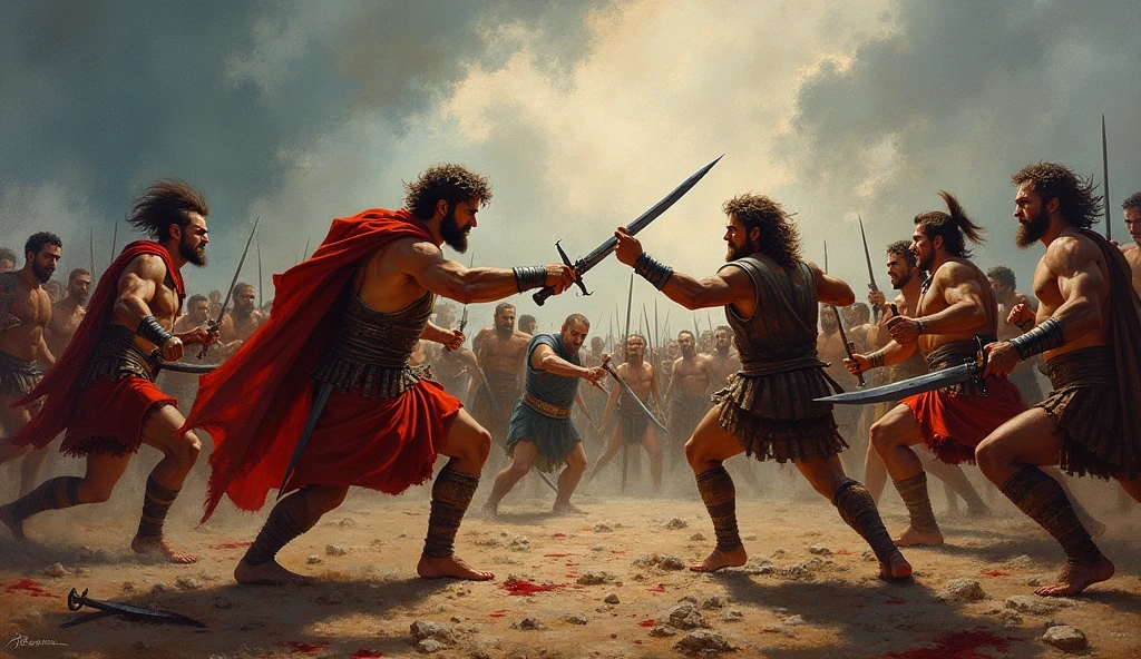 (oil painting) Romans fighting a Celtic tribe without armor, Romans kill Celts