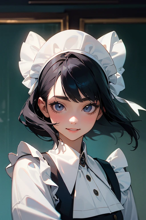 (Highest Resolution, clear_image) Highest quality, single, One woman, alone, masterpiece, Very detailed, Semi-realistic, Black Hairのショートヘア, Black Hair, bangs, 18-year-old, mature, Light blue , Indoor Background, kind, Authoritative, Powerful, exquisite features, exquisite features、Eyelashes become longer、Showing teeth、smile😀、Maid clothes、woman'Fingers in the、((Eating watermelon)).