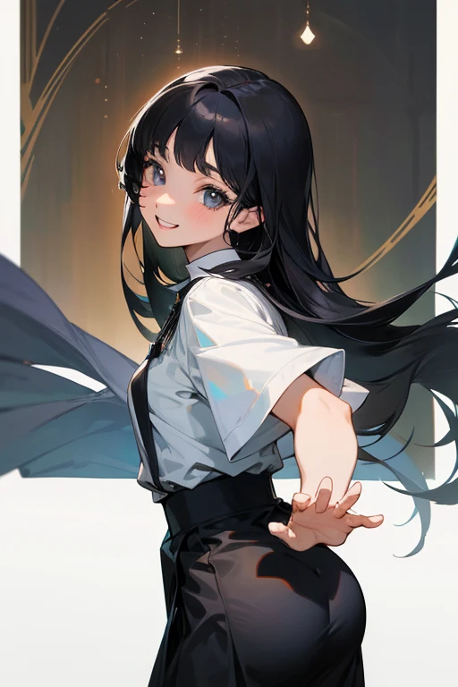 (Highest Resolution, clear_image) Highest quality, single, One Woman, alone, masterpiece, Very detailed, Semi-realistic, Black Hairのショートヘア, Black Hair, bangs, 18-year-old, mature, light blue uniform, uniform, Indoor Background, kind, Authoritative, Powerful, exquisite features, exquisite features、Eyelashes become longer、Showing teeth、smile😀、Maid clothes、reference、Put your hands on your hippie skirt、Upward glance、Boom in the ass、