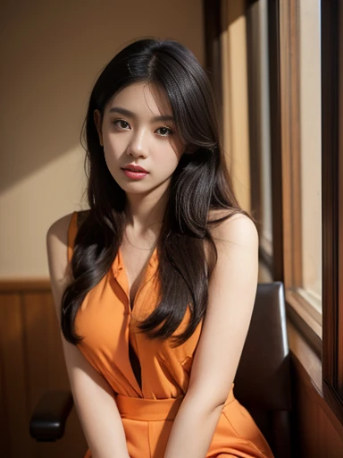 Masterpiece, best quality,1girl, sitting on shop,color grading orange, jumpsuit, sitting on chair, looking at viewer, upper body, cowboy shot,