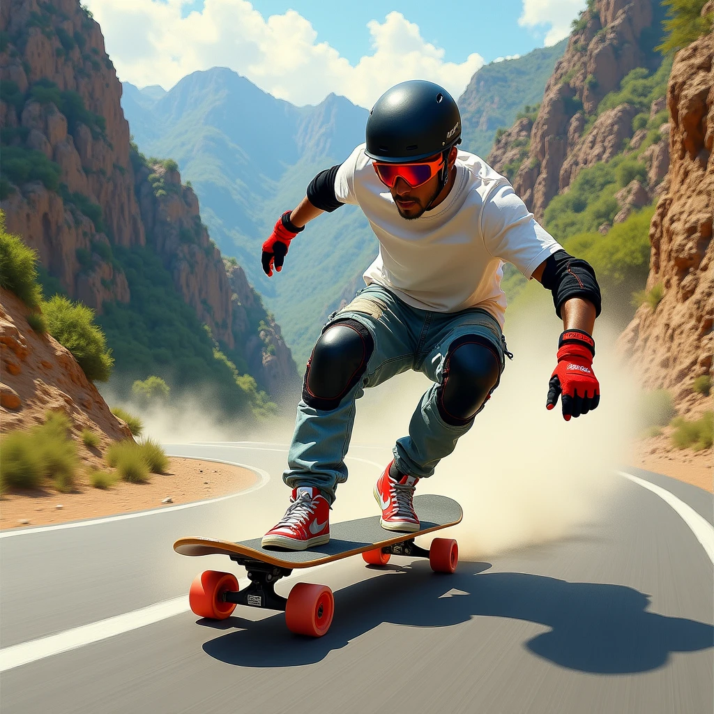 A dynamic and artistic rough painting of an extreme downhill skateboarding scene. The perspective follows the back of a professional skateboarder speeding down a mountain road, wearing a black helmet, a loose white T-shirt, denim jogger pants, black knee pads, and red protective gloves. The skateboarder is riding a longboard, with Nike SB skate shoes visible. The mountain is rugged with canyons and nature surrounding it. Dust is fluttering in the air, enhancing the sense of speed. The artwork has a professional finish with a raw style, capturing the intense motion and energy of the scene.