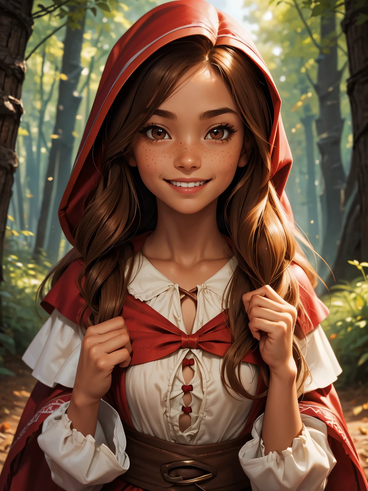 (best quality), 1girl, female, honey toned skin, chestnut hair, long hair, slightly wavy hair, brown eyes, perfect eyes, freckles, (little red riding hood), small bust, smile, masterpiece, anatomically correct, highres
