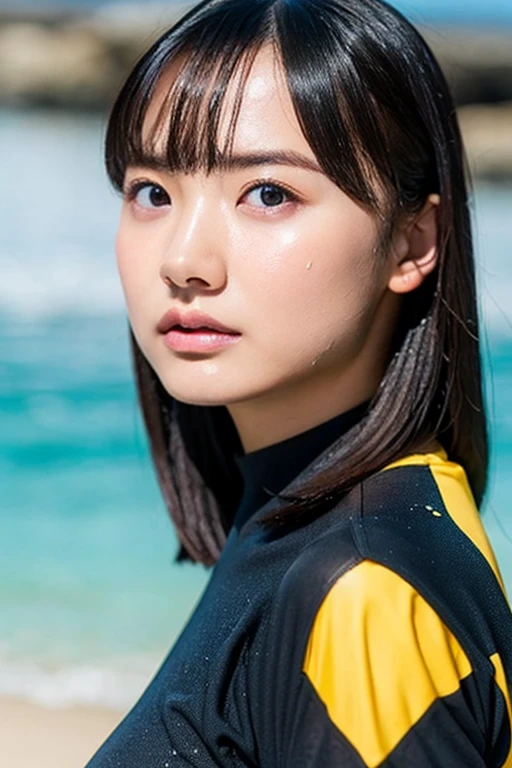 masterpiece, Highest quality, Unreal Engine, Super Resolution, Very detailed, Complex, colorful, Clear images, Sharp focus, Digital Blending,
One beautiful woman, One Japan actress, ashidamana, Perfect Eyes, Perfect Face, Ultra detailed hair, Ultra detailed face, Very detailed lips,Vivid expression, Healthy Body, Detailed sweat glands of beautiful and cute real Asian mix, Smooth skin texture, Carefully drawn,
(humidity:1.2), Beautiful Eyes, (Attractive face:1.2), (Beautiful Skin), (Big Breasts), (Super glossy wetsuit), Puffy nipples, Tight waist, Sticky with sweat, (Oily skin), oily suit, In a dynamic pose,
Studio Photo, Outdoor, At the Beach, cowboy shot,