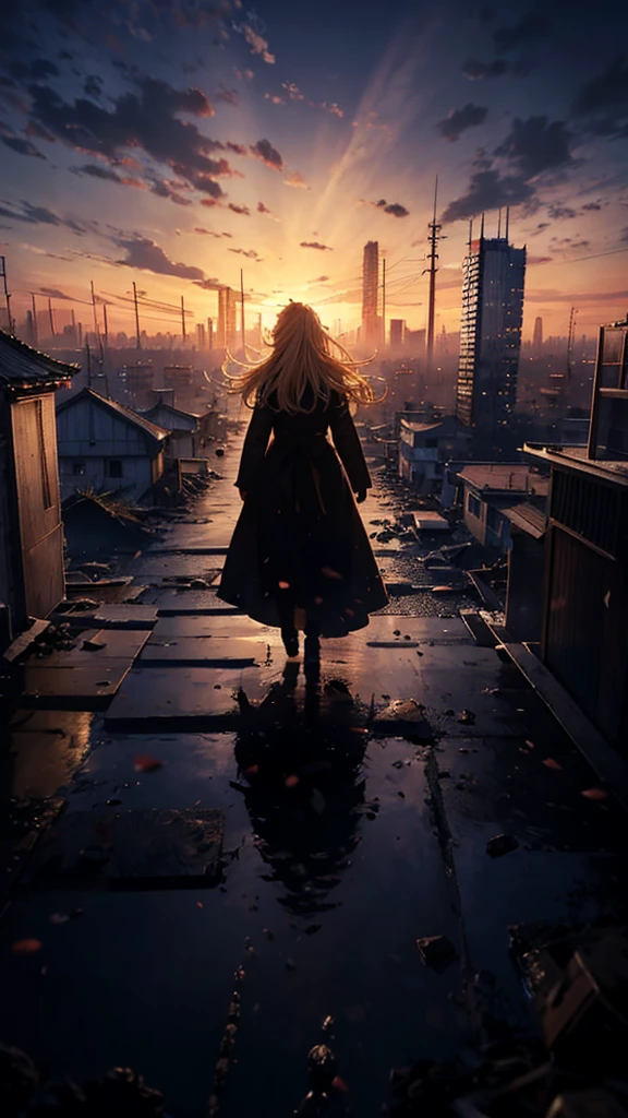 1people々々々々々々々,Blonde long-haired woman,Long coat, Dress Silhouette, Rear View, Anime Style, The city covered in rubble from the rooftop.,Countless missiles covering the sky,