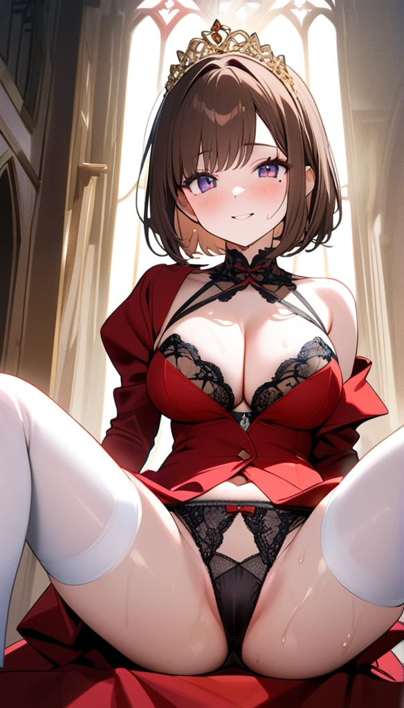 (1 person),(Best image quality, 8k, masterpiece:1.3),((Brown hair bob cut:1.1)),(Swept-apart bangs,Braiding), (Cute eyes, Dark Eyes), (Mole under right eye), (Slender), (Large Breasts),(Glowing Skin:1.1),(Pale skin:1.2),(A fantastic atmosphere),(look up),Ultra-high resolution, Textured skin, Sparkle Effect, Gazing at the audience,

wedding,church,
Black lace bra,Black lace panties,bride,Black garter belt,Blue bouquet,Red wedding dress,Red Off Shoulder Dress,Gold Tiara,Cleavage,Low - Angle, Spread your legs,Spread your legs,M-shaped legs,Accentuate your butt,sit,Gazing at the audience,Sweat,Wet body,happiness/joy, belly button,Show your crotch,