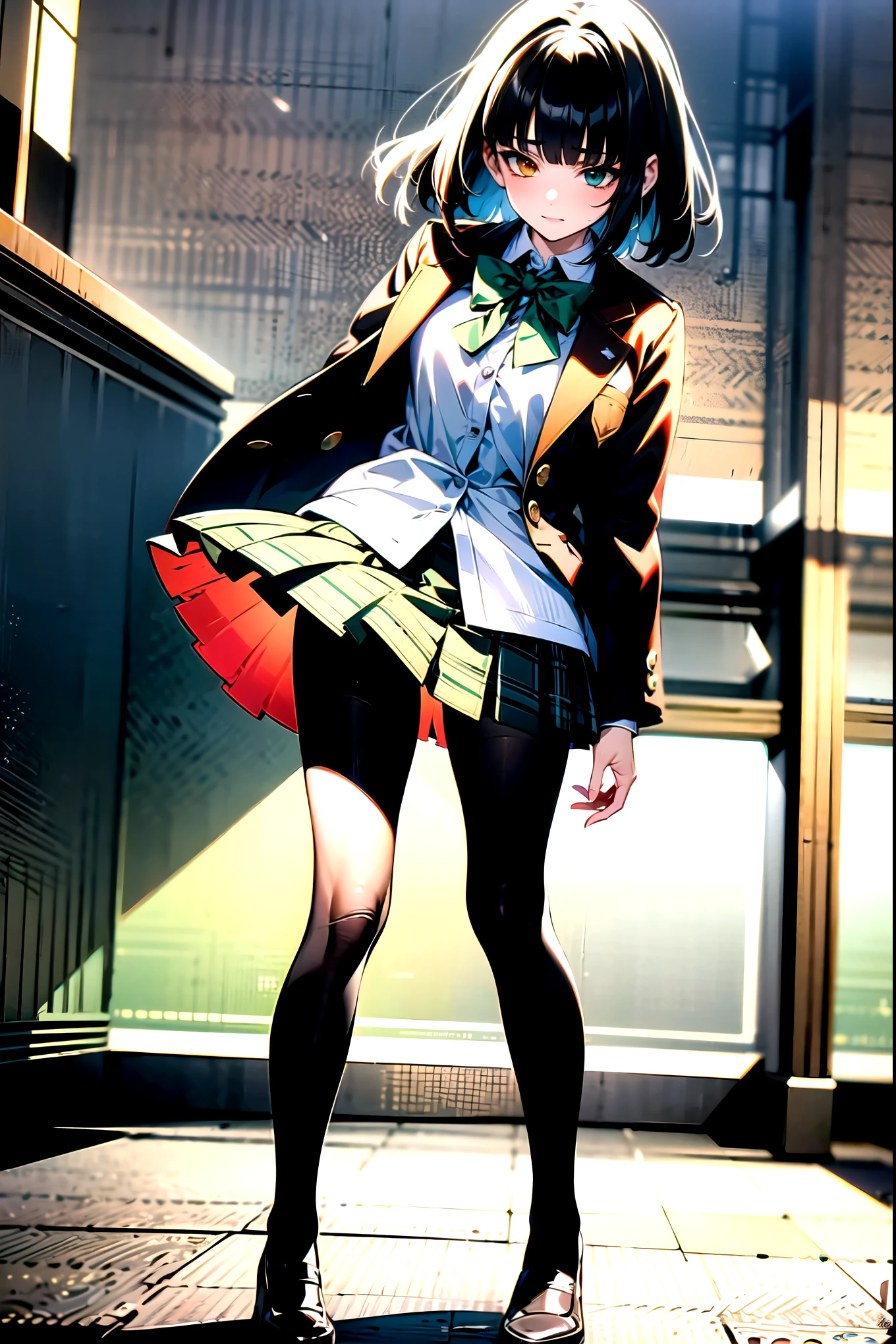 ((super high quality,Ultra-high resolution,4K,8k,super masterpiece,Ultra HD ,Detailed shading)),Full body photo,Morning Park,1 high school girl,Blue-green blazer,White dress shirt unbuttoned to the second button,A bright yellow striped bow tie,Brown plaid mini skirt,Skirt blown up by the wind,black tights,Long black straight hair,Side-swept bangs,Heterochromia of orange and green,Sharp gaze with raised eyebrows,Laughter,Embarrassing,Leaning the body diagonally and tilting it forward,