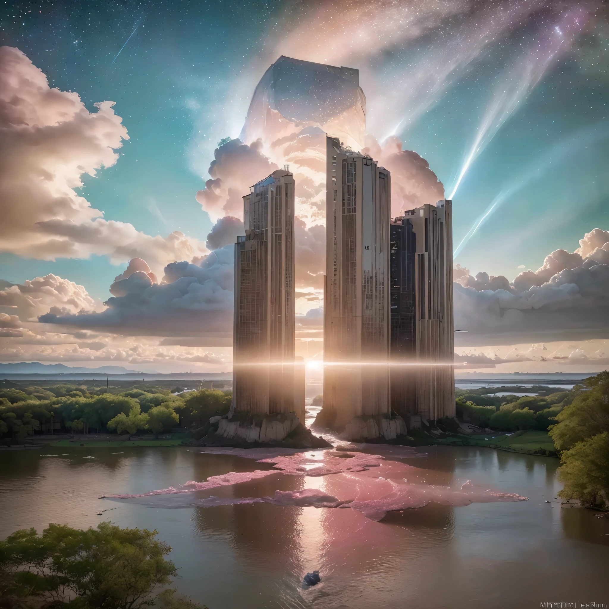 (8k, highest quality, masterpiece, final fantasy style: 1.2), (unRealistic, photoRealistic: 1.37), Dreamy landscape, Fantasy, Unsurreal landscapes, Super detailed, Flying Castle, Floating Island in the Sky, Seven-colored swirl of light, Intense lightning, nebulas,Complex Light, Colored light, Large Lake, Starry sky reflected on the lake surface, Countless shining stars, Meteors,  Reflections , (A pillar of light emanated from the ground:1,2), (((roses and orchids gardens , bright day , pink and blue clouds, waterfalls in the sky, realistic style, Hyperrealism drawing, a flying pirate spaceship floating above the  clouds)))) , burning skyscrapers, , timeless realms, stunning  princess  ,  casting spell, healing light magic effect, in a magical lagoon of the fairyland, crystal clear water surface reflections, sharp focus, looking at viewer, (close-up:0.9), (bright white theme:1.2), (bright white tone:1.2), (deep blue tone:1.3),((( realistic, Hyperrealism, vivid colours , landscapes , alien cyborgs , science fiction themes))), 