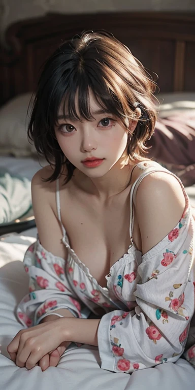 Lying on the bed face down、Cute looking at you, 22 years old, Realistic, She wears a short, She is wearing floral pajamas, short hair.Shoulder Bare、Chest visible from the front