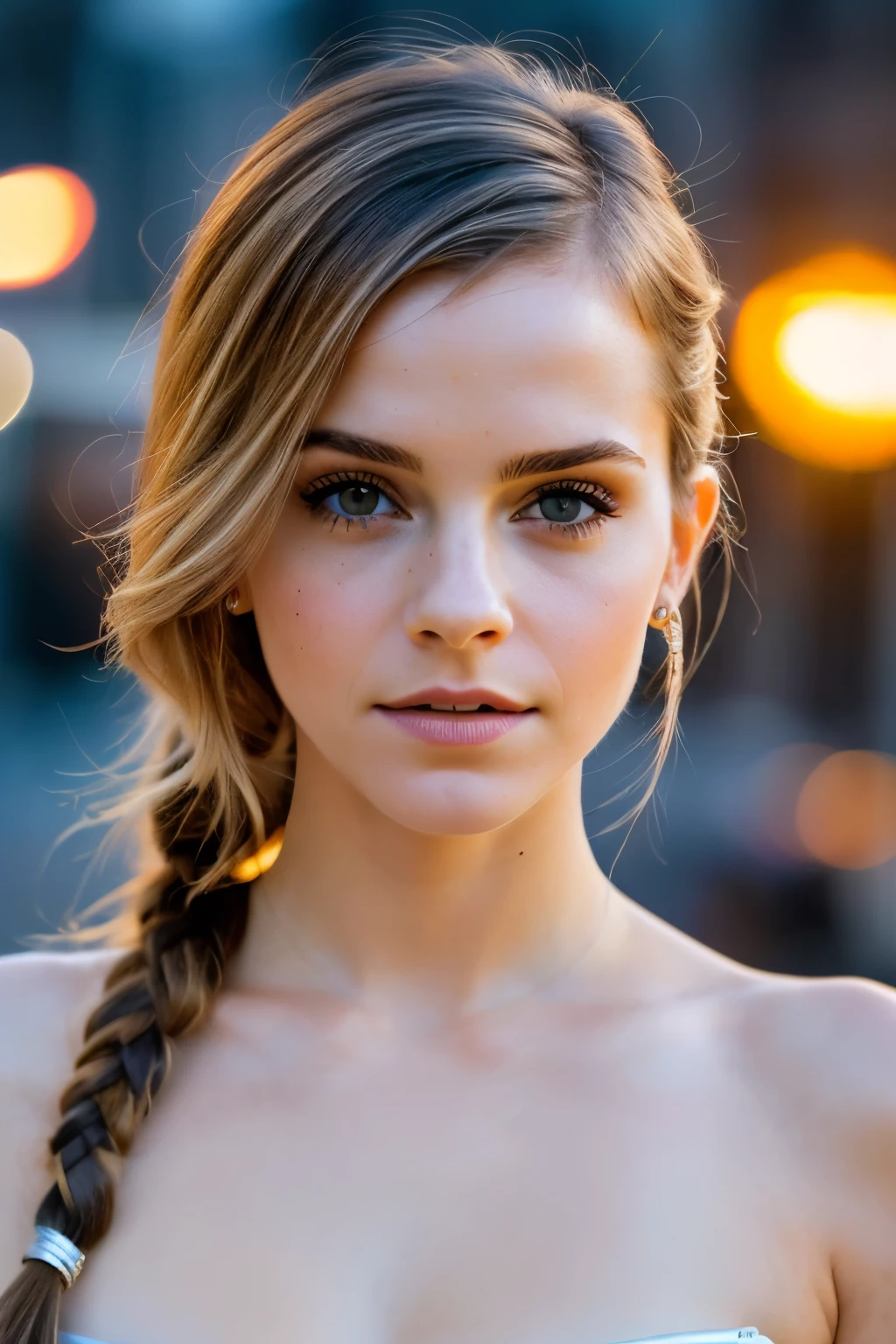 little Emma Watson, (taking selfies, aerial view: 1,4), (straight half of the torso: 1,4), Portrait photo of a 24-year-old blonde in RAW UHD format (Blue eyed woman), braids, O chão da caBeça é careca, Caminhe pelo Beco escuro, natural breasts_B, nighttime city,((( Botas até as coxa:0.9))) ((( pantyrose Branca))), (Low-cut), in detail (texturas!, caBelo!, Brilhante, a color!!, imperfections: 1.1), fund, pantyrose, latex, olhos Brilhantes altamente detalhados, (is looking at the camera), specular lighting, DSLR camera, ultra quality, sharp focus, sharpening, Depth of field, film grain, (centred), Fujifilm XT3, clear as crystal, breasts big, naked torso, The center of the frame, cara Bonita, sharp focus, street lamp, neon lights, bokeh, (dimly-lit), subtle, in the night, (night sky ) detailed skin pores, greasy skin, Bronzeado, Intricate eye details, ,(( Full Body)))