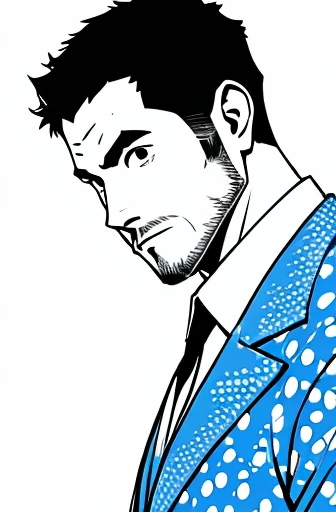 Man in a shirt、Background blue、Polka dot pattern