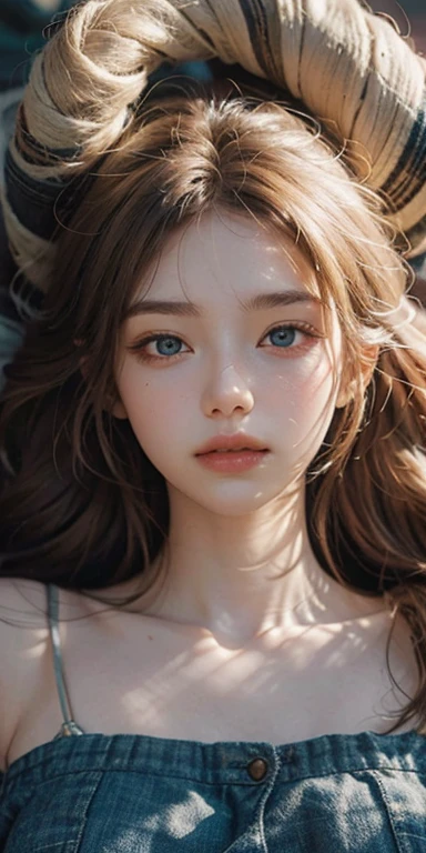 masterpiece: 1.2, Portraiture, Highest quality), Realistic, (Live Action, Intricate details, Written boundary depth), Highest quality, masterpiece, Attention to detail, semi-Realistic, Sleeping on the grass, shy, 21 years old, Short blonde, blue eyes, blonde、 Slim figure、Shoulder Bare、Shorts 、Blue sky and a few clouds、Rolling on the lawn