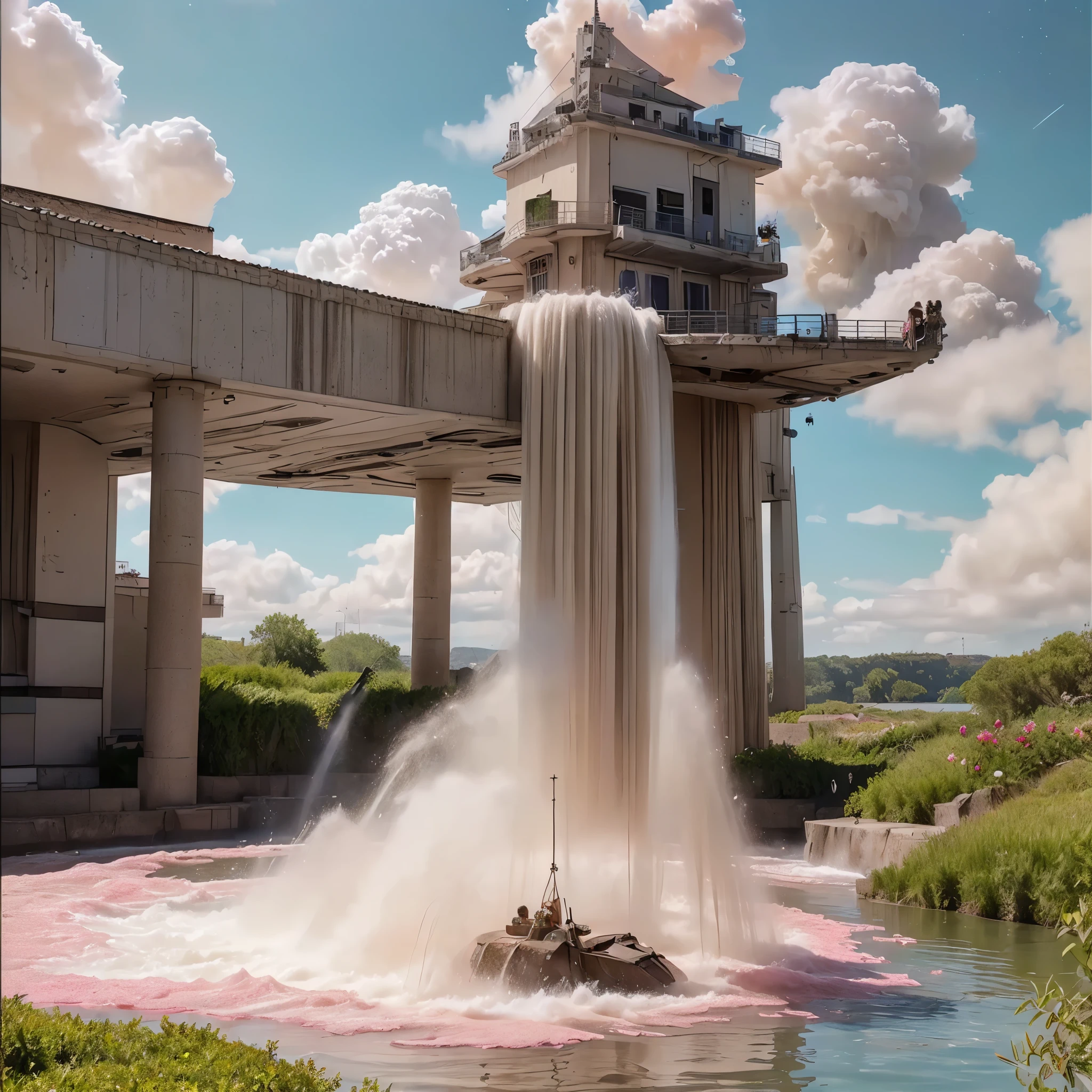 (8k, highest quality, masterpiece, final fantasy style: 1.2), (unRealistic, photoRealistic: 1.37), Dreamy landscape, Fantasy, Unsurreal landscapes, Super detailed, Flying Castle, Floating Island in the Sky, Seven-colored swirl of light, Intense lightning, nebulas,Complex Light, Colored light, Large Lake, Starry sky reflected on the lake surface, Countless shining stars, Meteors,  Reflections , (A pillar of light emanated from the ground:1,2), (((roses and orchids gardens , bright day , pink and blue clouds, waterfalls in the sky, realistic style, Hyperrealism drawing, a flying pirate spaceship floating above the  clouds)))) , burning skyscrapers, , timeless realms, stunning  princess  ,  casting spell, healing light magic effect, in a magical lagoon of the fairyland, crystal clear water surface reflections, sharp focus, looking at viewer, (close-up:0.9), (bright white theme:1.2), (bright white tone:1.2), (deep blue tone:1.3),((( realistic, Hyperrealism, vivid colours , landscapes , alien cyborgs , science fiction themes))), 