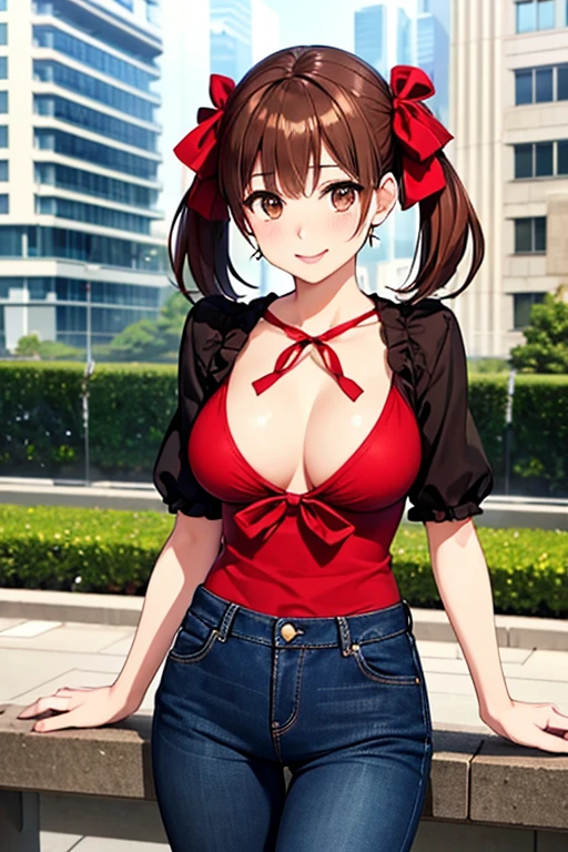 Yumi Fukuzawa、Shiny brown hair,Medium Hair, 、((Red ribbon , Twin tails、)),Beautiful brown eyes、Sparkling eyes, fine grain、smile、Very fine eye、Very detailed顔, Very detailed目,Cowboy Shot、

 masterpiece, Highest quality, Very detailed, Ultra-high resolution, Idol Catalyst,  One girl, alone,  Glossy Lips, Fuller lips, city, Halter top, jeans, View your viewers
 