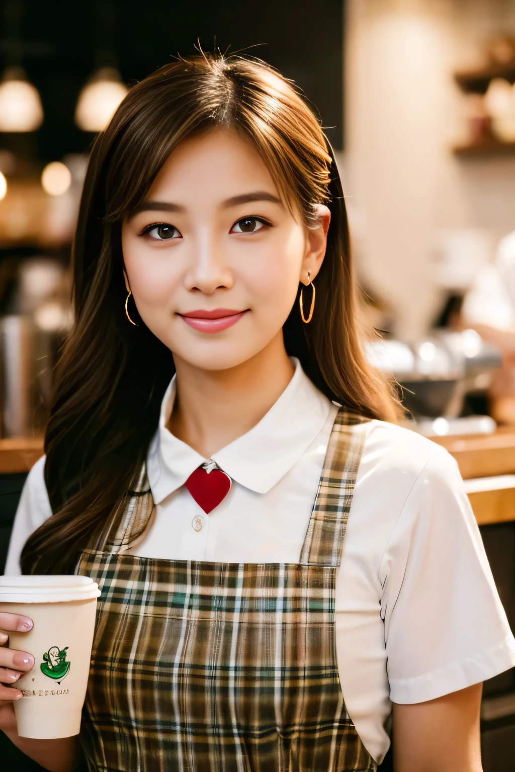 Works of masters,Ultra-high resolution,8K resolution,depth of fields,Exquisite facial features,Glowing skin,Girl,solo person,barista,Watery eyes,Glowing eyes,ssmile,long whitr hair,A brown-haired,Wave head,heart-shaped hair ornament,Bracelet,Collar,hoop earings,Workplace uniforms,aprons,Fast food uniforms,Facing the viewer,Holding a mug,coffeehouse,Cinematic lighting