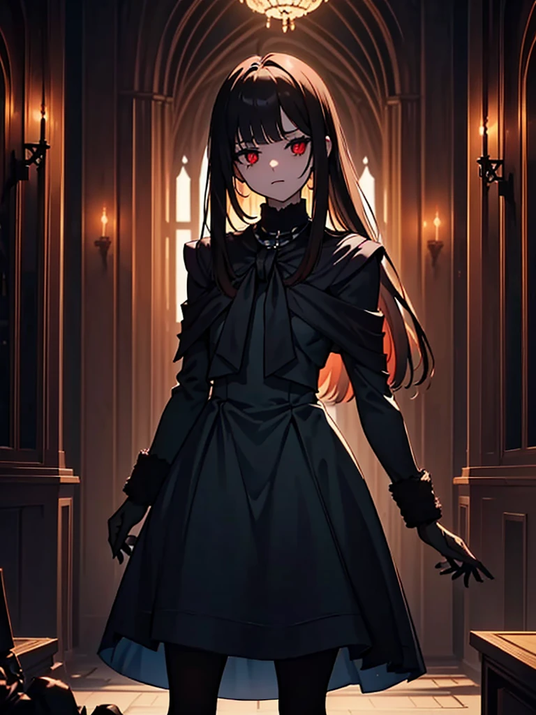 Black maid outfit, whole body, Long black hair,Red eyes,In the spotlight,(It generates high-quality female works with a dark and insane horror movie-like world view centered on black. She has a creepy and attractive physique、whole body黒のファッションスタイルを着ています. The background is a dark and desolate landscape, An atmosphere like a horror movie setting. Her figure is terrifyingly beautiful, Emphasizing dark and insane elements. Light and shadow effects are skillfully expressed, detailed, The face and expression in the black attire are meticulously drawn, Artistic elements add depth to the work. The overall atmosphere exudes an eerie and nightmarish worldview, With a unique artistic touch. This movie is、It depicts the dark and insane world of a horror movie in high quality, Evoke visual stimuli and aesthetic sense, It will give viewers fear and excitement. It produces a work that blends the dark and insane worldview of a horror movie with artistic elements