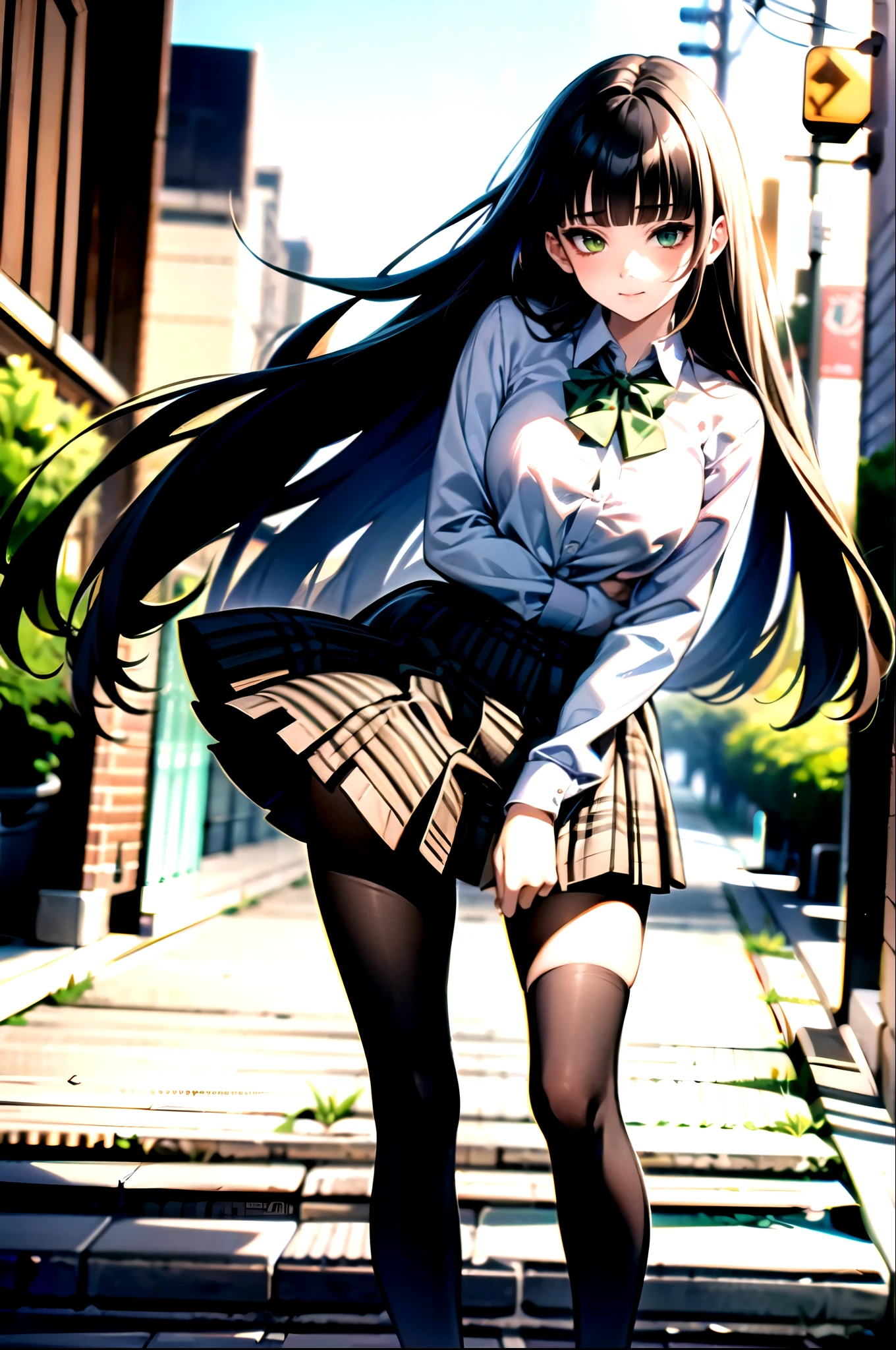 （（super high quality,Ultra-high resolution,4K,8k,super masterpiece,Ultra HD ,Detailed shading））,Full body photo,Morning Park,1 high school girl,Blue-green blazer,White dress shirt unbuttoned to the second button,A bright yellow striped bow tie,Brown plaid mini skirt,Skirt blown up by the wind,Holding a skirt with one's hand,black tights,Long black straight hair,Side-swept bangs,Heterochromia of orange and green,Sharp gaze with raised eyebrows,Laughter,blush,Embarrassing,Leaning the body diagonally and tilting it forward,