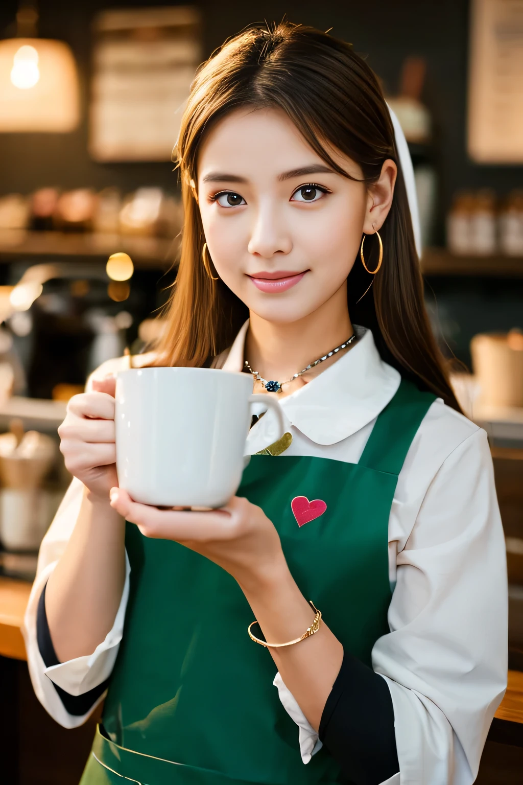 Works of masters，Ultra-high resolution，8K resolution，depth of fields，Exquisite facial features，Glowing skin，Girl，solo person，barista，Watery eyes，Glowing eyes，ssmile，long whitr hair，A brown-haired，Wave head，heart-shaped hair ornament，Bracelet，Collar，hoop earings，Workplace uniforms，aprons，Fast food uniforms，Facing the viewer，Holding a mug，coffeehouse，Cinematic lighting