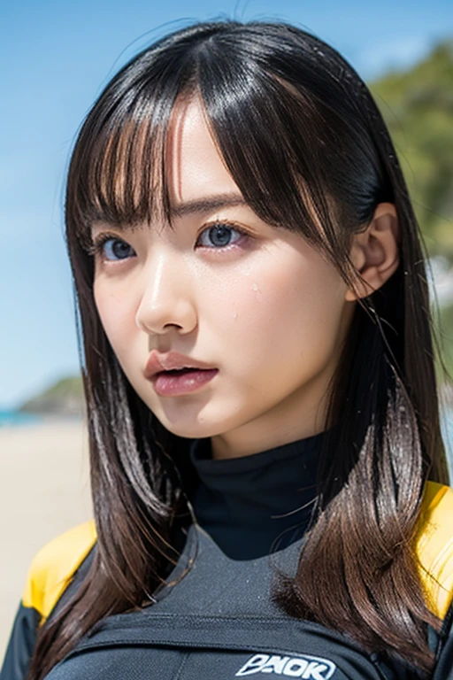 masterpiece, Highest quality, Unreal Engine, Super Resolution, Very detailed, Complex, colorful, Clear images, Sharp focus, Digital Blending,
One beautiful woman, One Japan actress, ashidamana, Perfect Eyes, Perfect Face, Ultra detailed hair, Ultra detailed face, Very detailed lips,Vivid expression, Healthy Body, Detailed sweat glands of beautiful and cute real Asian mix, Smooth skin texture, Carefully drawn,
(humidity:1.2), Beautiful Eyes, (Attractive face:1.2), (Beautiful Skin), (), (Super glossy wetsuit), Puffy nipplTight Sticky with sweat, (Oily skin), oily suit, In a dynamic pose,
Studio Photo, Outdoor, At the Beach, cowboy shot,