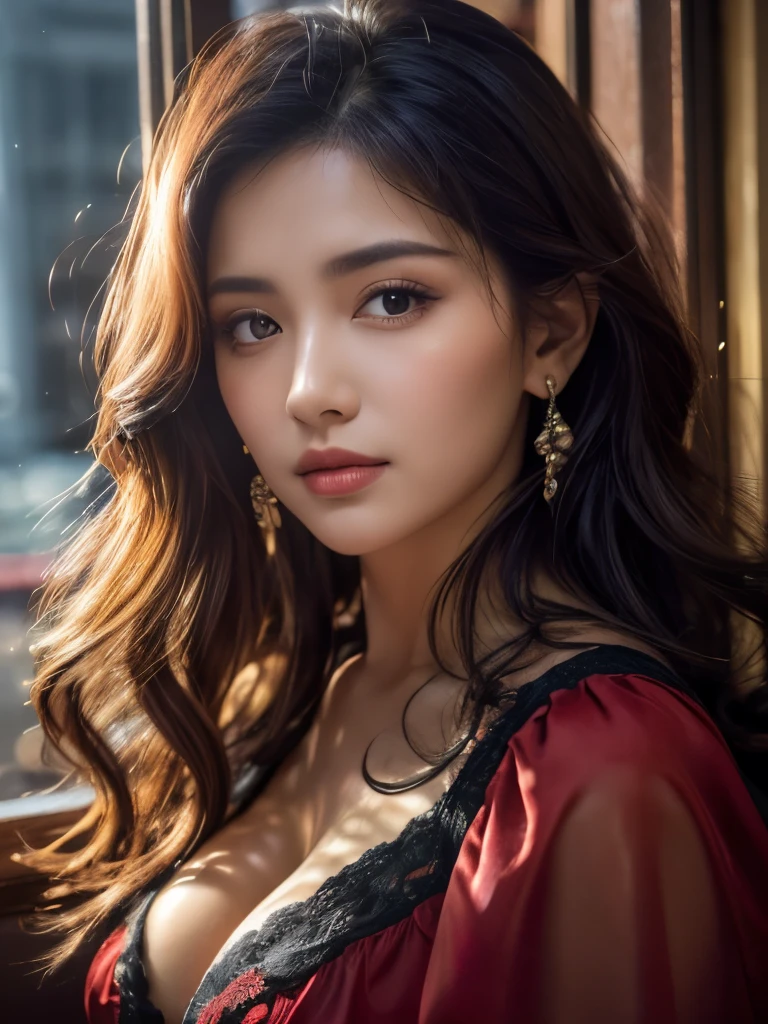 bloom, Lens Reflection, (8k, born, Professional, Highest quality, masterpiece: 1.2), (Realistic, photoRealistic: 1.37), Very detailed, (Wide-angle 25mm portrait), (Soft skin texture,Most detailed skin: 1.2), Very detailed顔,Soft and attractive lips, Cinema Lighting, One person, Black curly hair, (the wind is strong), Standing on the couch, Dark Light, Looking into the camera, Large Breasts, black and red blouse  