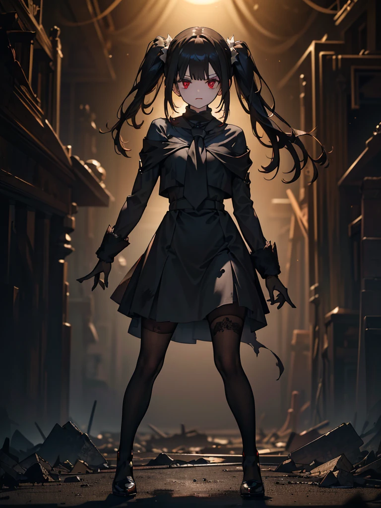 Black maid outfit, whole body, Long black hair,Red eyes,In the spotlight,(It generates high-quality female works with a dark and insane horror movie-like world view centered on black. She has a creepy and attractive physique、whole body黒のファッションスタイルを着ています. The background is a dark and desolate landscape, An atmosphere like a horror movie setting. Her figure is terrifyingly beautiful, Emphasizing dark and insane elements. Light and shadow effects are skillfully expressed, detailed, The face and expression in the black attire are meticulously drawn, Artistic elements add depth to the work. The overall atmosphere exudes an eerie and nightmarish worldview, With a unique artistic touch. This movie is、It depicts the dark and insane world of a horror movie in high quality, Evoke visual stimuli and aesthetic sense, It will give viewers fear and excitement. It produces a work that blends the dark and insane worldview of a horror movie with artistic elements