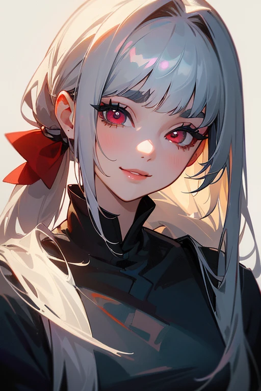 (Highest quality, masterpiece:1.2), High resolution, 最高masterpiece、Very detailed, Realistic:1.37, Fantasy, An illustration,Gray Hair、 Red eyes、Queen, Navy and blue dress、beautifully、Eyeshadow Red、Thick eyebrows、Long eyelashes、pupils are black、shiny on the lips、Top Sites、Queen、Princess、A kind smile、Soft impression、people々々Loved by、Slimming the face、Shoulder Bare、ponytail、Kissing Face、Long white hair、Shaggy Bangs、(Save face image).(Gothicta)、(A kind smile)、(Background white)、