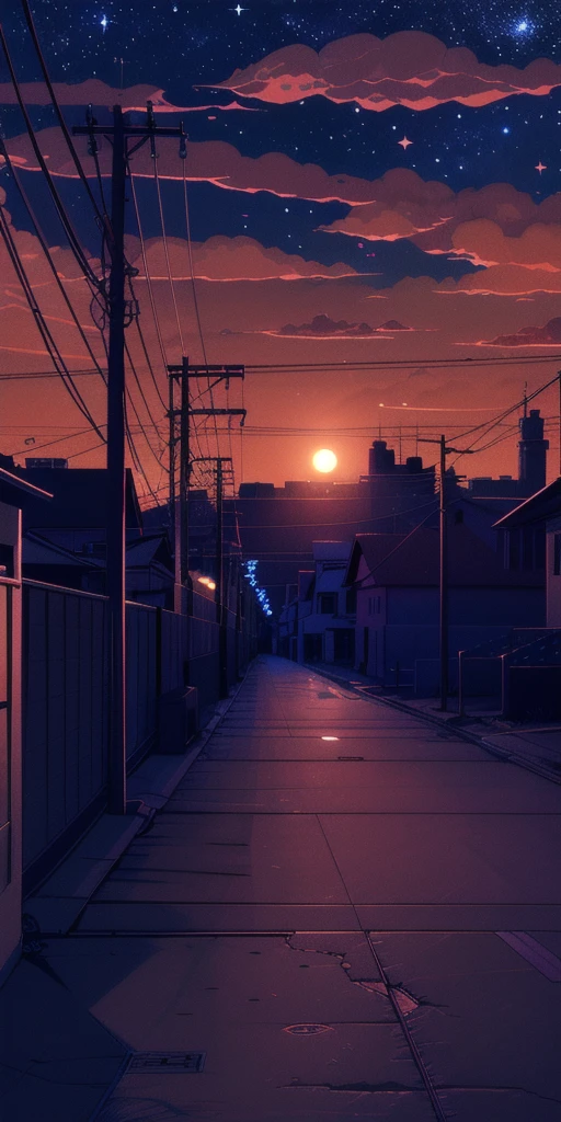 Retro_neon, cloud, null, No humans, scenery, Outdoor, Power lines,Galaxy Express 999， sunset, star (null)