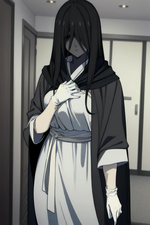 ((masterpiece)), (best quality), (absurdres), black hair, yamamura_sadako, (black obi), (grey skin), hair over eyes, eyes covered, looking at viewer, cape, long cape, closk. White gloves