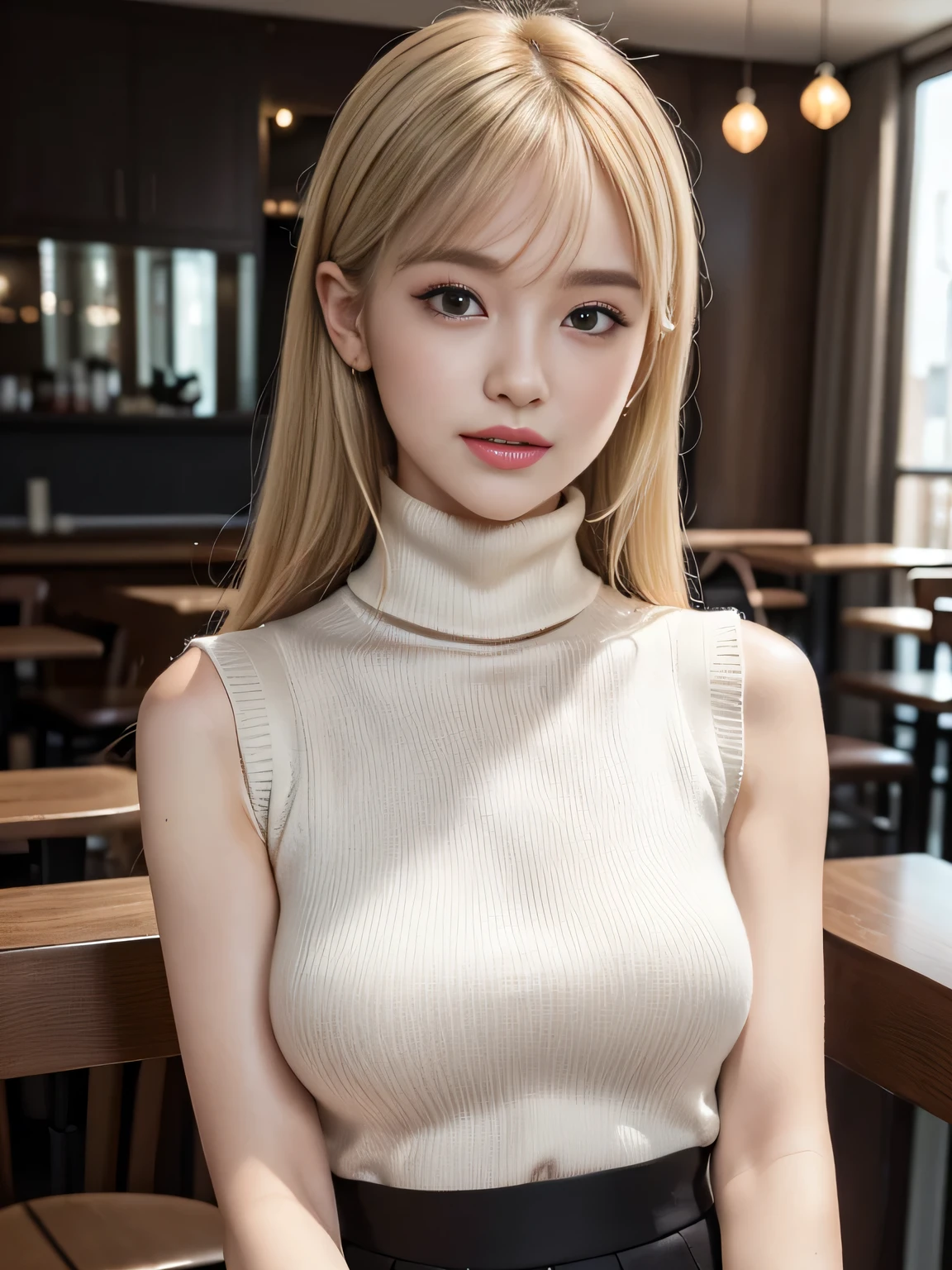 (Masterpiece:1.3), high resolution, Ultra detailed, Extremely detailed Cg Unity, 8K wallpaper, Realistic, photo-realistic, RAW photo, Beautiful detailed face, Pale skin, realistic glittering skin, Detailed cloth texture, Detailed hair texture, Perfect body, Beautiful face, Accurate, Anatomically correct, Highly detailed face and skin texture,
Detailed eyes, symetrical eyes, Light brown eyes, Double eyelids, Thin eyebrows, (Sexy lips:1.3), (Glossy lips:1.4),
(Elegant and cute Japanese:1.3), ((Wear a sleeveless turtleneck halterneck sweater:1.3)), (Pleated skirt:1.2), Slender figure, (Slightly opened mouth:1.2), (Smile:1.1), (Blonde hair, bangs:1.2),
(Sit opposite, in a trendy café:1.2), (focus onface:1.2), (Cowboy shot), view the viewer,