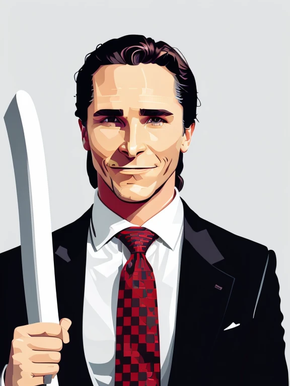 t-shirt designer, Patrick Bateman, in American Psycho (1 9 9 9), (Christian Bale), (holding an axe), wearing suit and tie, (white background),.( vector).(minimalism),(illustration).(front).(digital illustration style),(Vector art style,)(smug smile).
