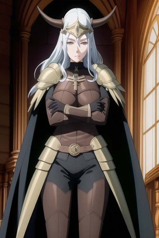 (high quality:1.2), intricate detailed, colorful,
VanessaCromwell, 1girl, mature female, solo, cowboy shot,
looking at viewer, determined,
white hair, long hair, green eyes,
armor, breastplate, shoulder armor, bodysuit, horned helmet, gloves, cape, cloak, (cape covering her arms 1.2)
large breasts, 
Room, standing
 