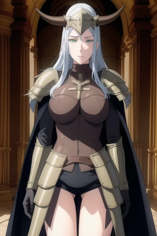 (high quality:1.2), intricate detailed, colorful,
VanessaCromwell, 1girl, mature female, solo, cowboy shot,
looking at viewer, determined,
white hair, long hair, green eyes,
armor, breastplate, shoulder armor, bodysuit, horned helmet, gloves, cape, cloak, (cape covering her arms 1.2)
large breasts,
Room, standing