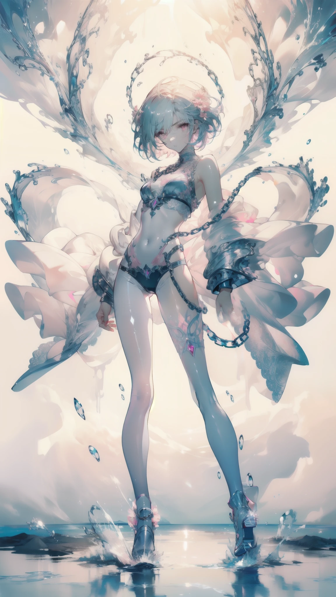 ((masterpiece, best quality)), Delicate face,Magician,Standing picture,whole body,Perfect body proportions,Long legs,Handsome short hair,Nice pink eyes,Fantasy style,White background,Extremely beautiful,transparent,Pure white armor,Sexy bikini,cloud,Water Ripples,chain,Tattoo,Lace,exposed