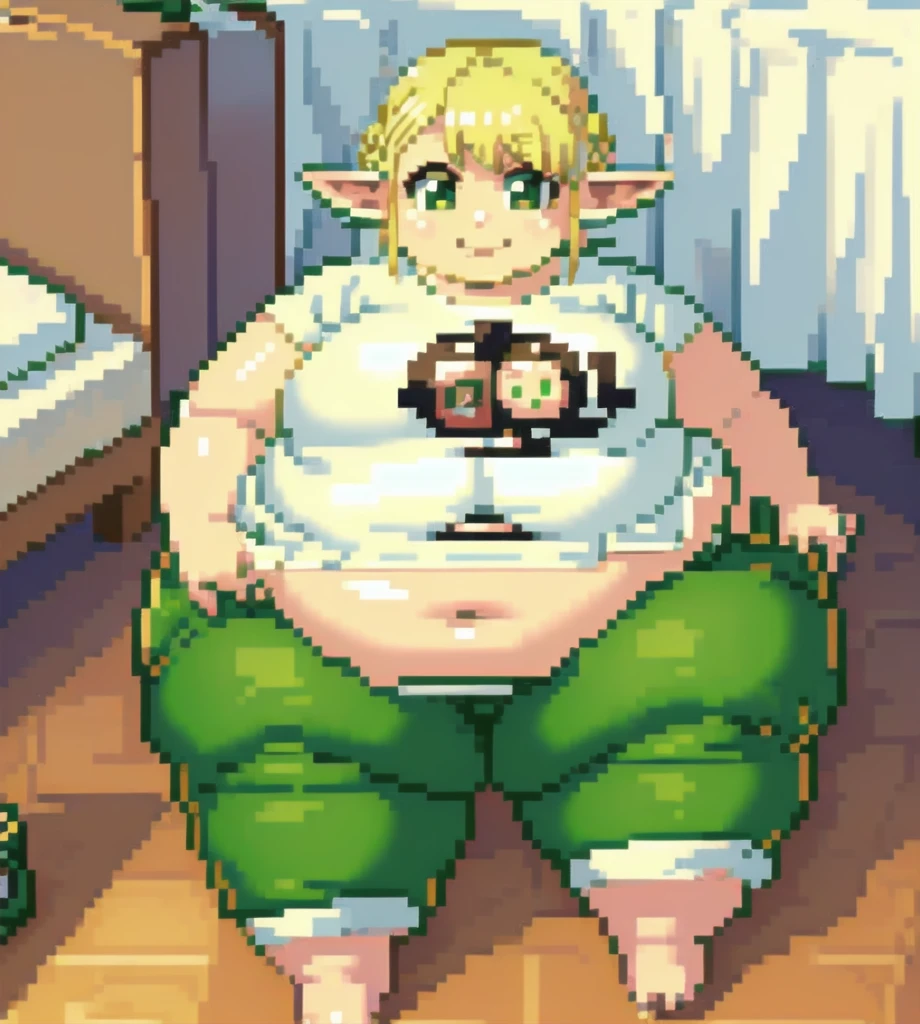 high quality, Pixel, 32 Bits, detailed eyes, 1 solo girl, obese erufuda, short hair, pointy ears, obese elf, blonde hair, (green eyes:1.5), white t-shirt, green pants, barefoot, braid, big breasts, thick thighs, ((Perfect body)), smile, big belly, night, bedroom, very cute, 4K, PixelArt