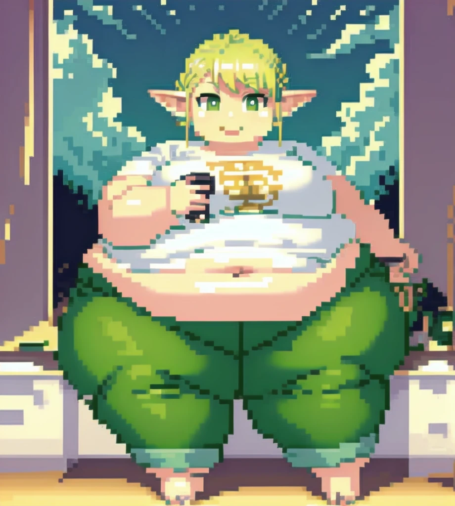 high quality, Pixel, 32 Bits, detailed eyes, 1 solo girl, obese erufuda, short hair, pointy ears, obese elf, blonde hair, (green eyes:1.5), white t-shirt, green pants, barefoot, braid, big breasts, thick thighs, ((Perfect body)), smile, big belly, night, bedroom, very cute, 4K, PixelArt