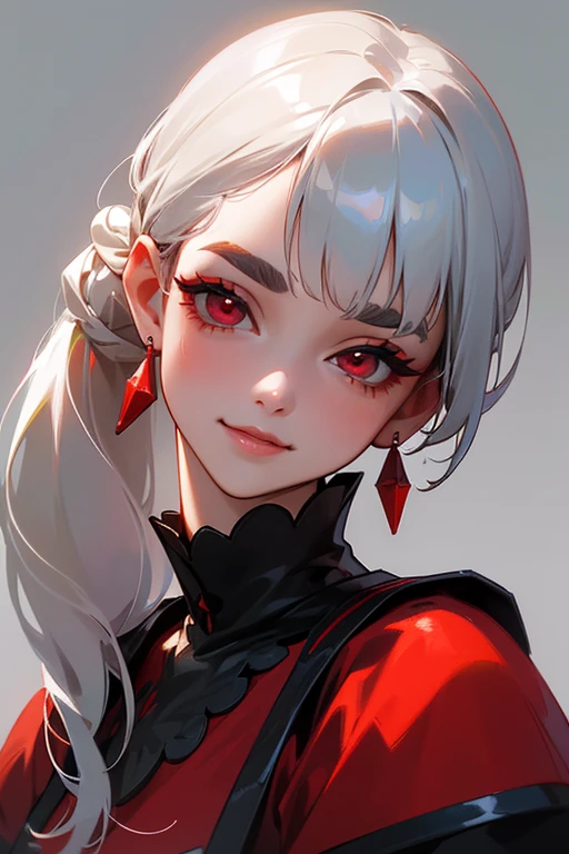 (Highest quality, masterpiece:1.2), High resolution, 最高masterpiece、Very detailed, Realistic:1.37, Fantasy, An illustration,Gray Hair、 Red eyes、Queen, Red dress、beautifully、Eyeshadow Red、Thick eyebrows、Long eyelashes、pupils are black、shiny on the lips、Top Sites、Queen、Princess、A kind smile、Soft impression、people々々々Loved by、Slimming the face、Shoulder Bare、ponytail、Kissing Face、Long white hair、Shaggy Bangs、(Save face image).(Gothicta)、(A kind smile)、((Background white)).