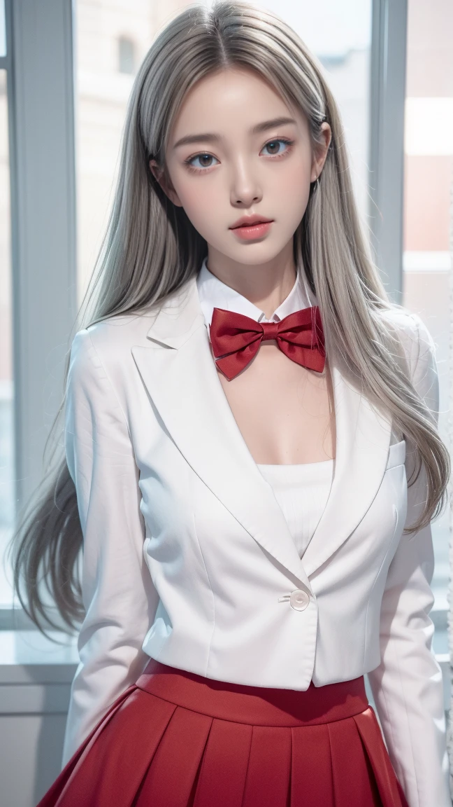 The highest quality of work,actual work,Ultra-premium graphics,8K HD CG 작동,High-quality graphics,고화질 CG Work,10x Pixel,Very fine detail:1.1,Advanced technical details:1.1 realistic,실내 lighting effects:1.5,natural light:1.5. lighting effects(virtual lighting effects:1.8),Super high resolution,shining赤いドレス,長いsilver hair,silver hair,transparent hair,Hair that pays attention to detail(Premium hair details:1.1)clear eyes,Your double eyelids are pretty,Sharp eye makeup, Delicate eyelash makeup, thin eyebrows, very detailed eyes,high nose, I like red lips, rose cheek, A face with delicate makeup , Cute face, perfectly balanced face,(Advanced facial details:1.1),shining,very coolドレス,Bright Red Series,(White Blazer) 、(white blouse)、(red bowtie)、(check skirt)、、girl 、Photo shoot,female'Work,full body portrait,realism,very cool,Your eyes are sparkling today too,pudency、(pudency胸に手を添える),