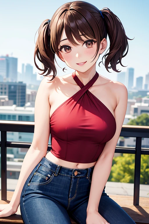 Yumi Fukuzawa、Shiny brown hair,Medium Hair, 、(( , Twin tails、)),Beautiful brown eyes、Sparkling eyes, fine grain、smile、Very fine eye、Very detailed顔, Very detailed目,Cowboy Shot、

 masterpiece, Highest quality, Very detailed, Ultra-high resolution, Idol Catalyst,  One girl, alone,  Glossy Lips, Fuller lips, city, Halter top, jeans, View your viewers
 