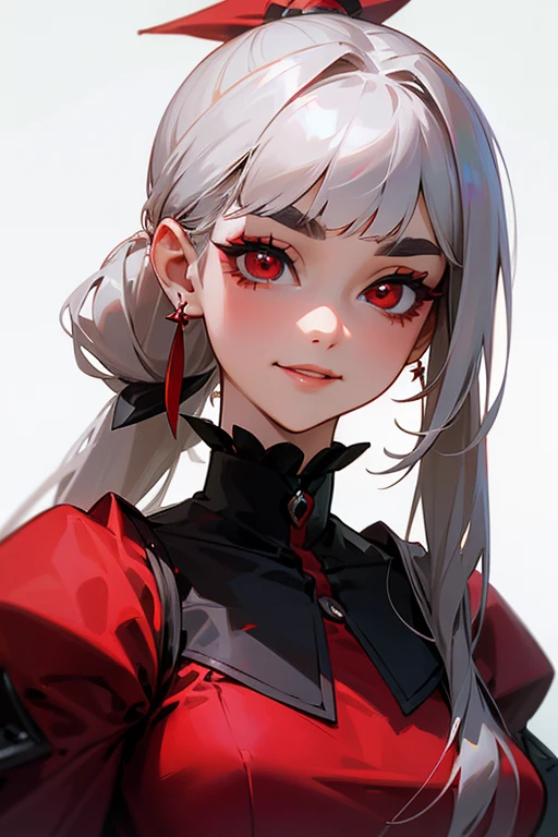 (Highest quality, masterpiece:1.2), High resolution, The highest masterpiece、Very detailed, Realistic:1.37, Fantasy, An illustration,Gray Hair、 Red eyes、Queen, Red dress、beautifully、Eyeshadow Red、Thick eyebrows、Long eyelashes、pupils are black、shiny on the lips、Top Sites、Queen、PRİNCESS、A kind smile、Soft impression、people々々々Loved by、Slimming the face、Shoulder Bare、ponytail、Kissing Face、Long white hair、Shaggy Bangs、(Save face image).(Gothicta)、(A kind smile)、(Background white)、